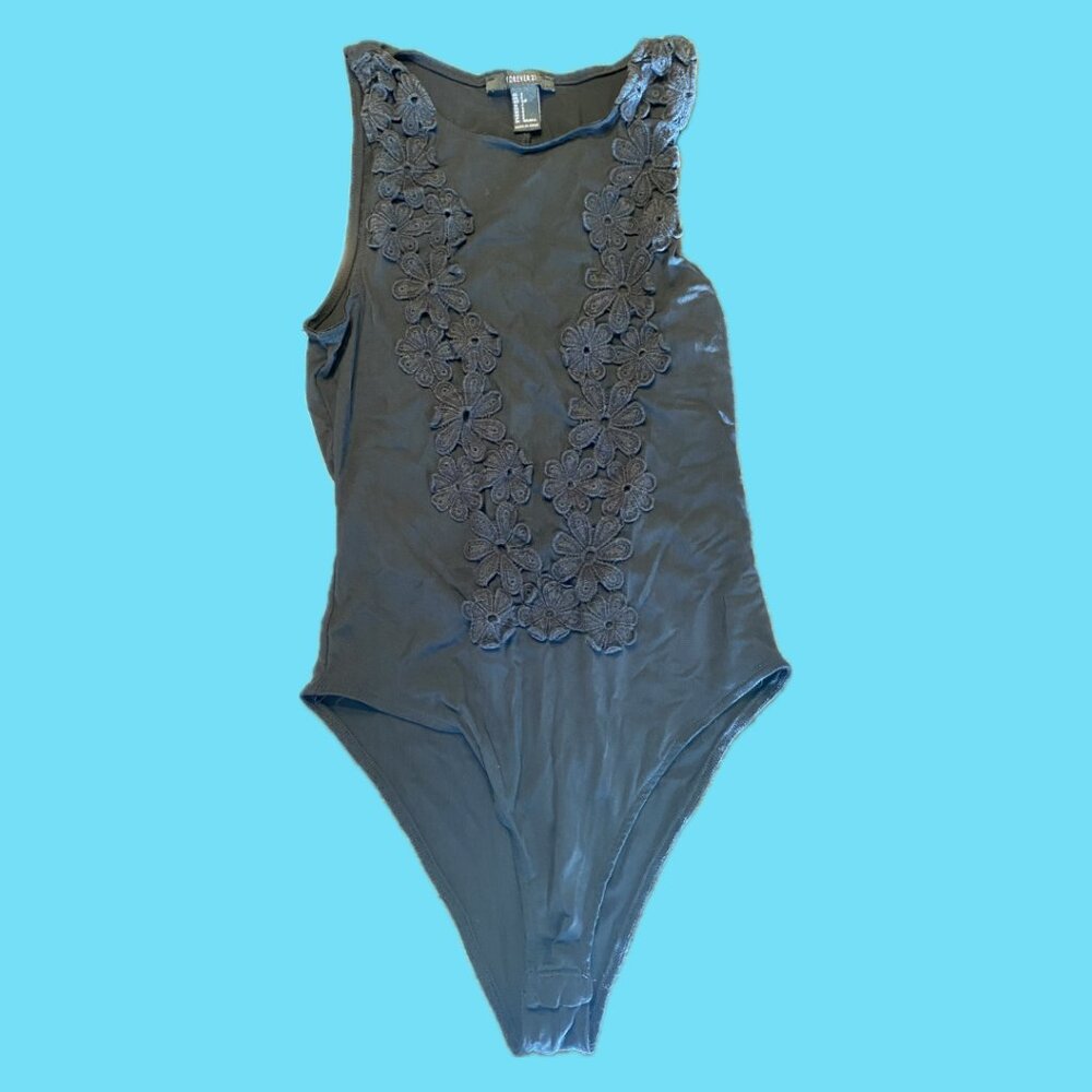 Black Mesh Sheer Lace Embroidered Bodysuit Small Rave Festival